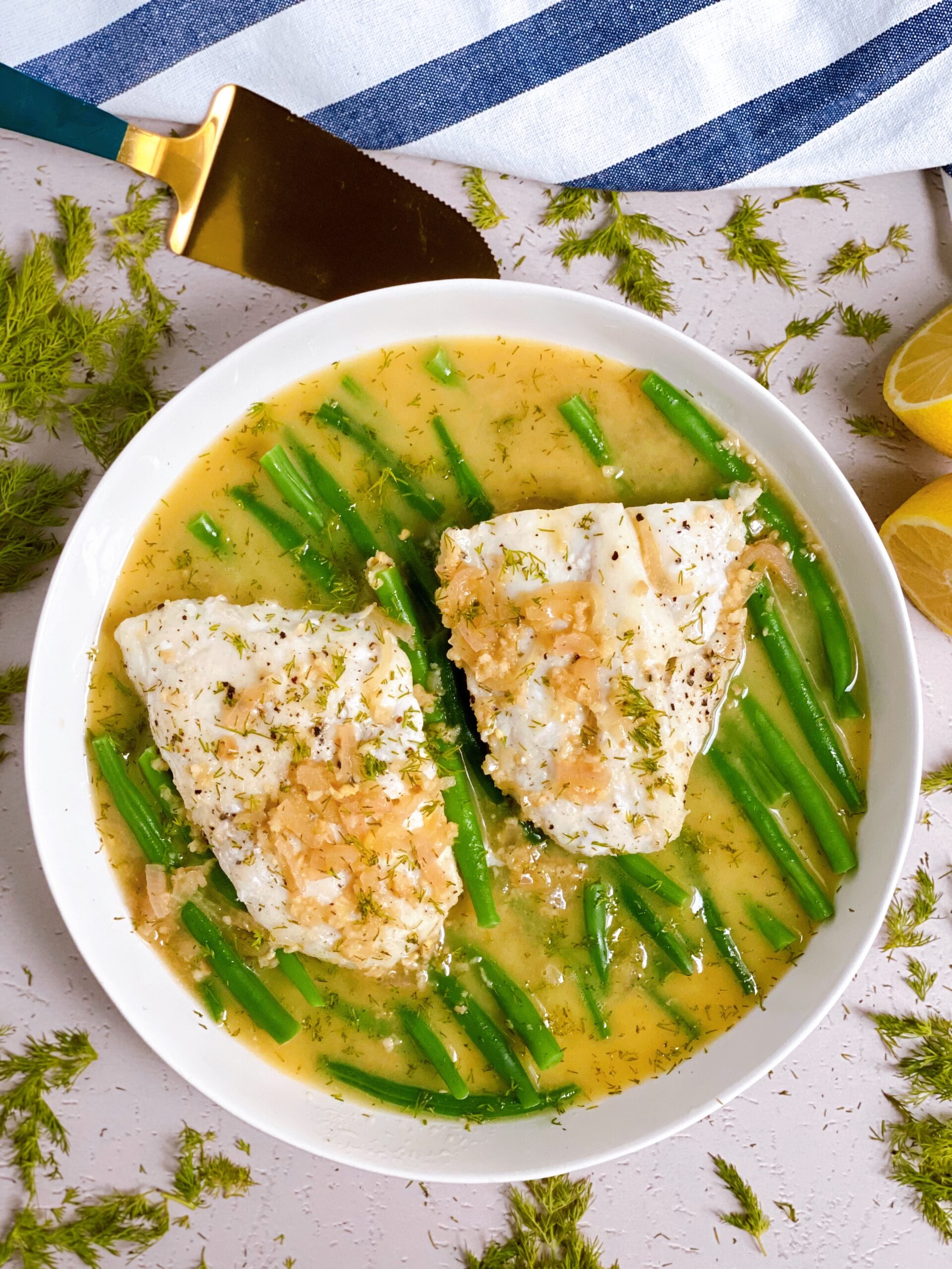 Cod with Green Beans and Shallot Dill Lemon Butter Sauce