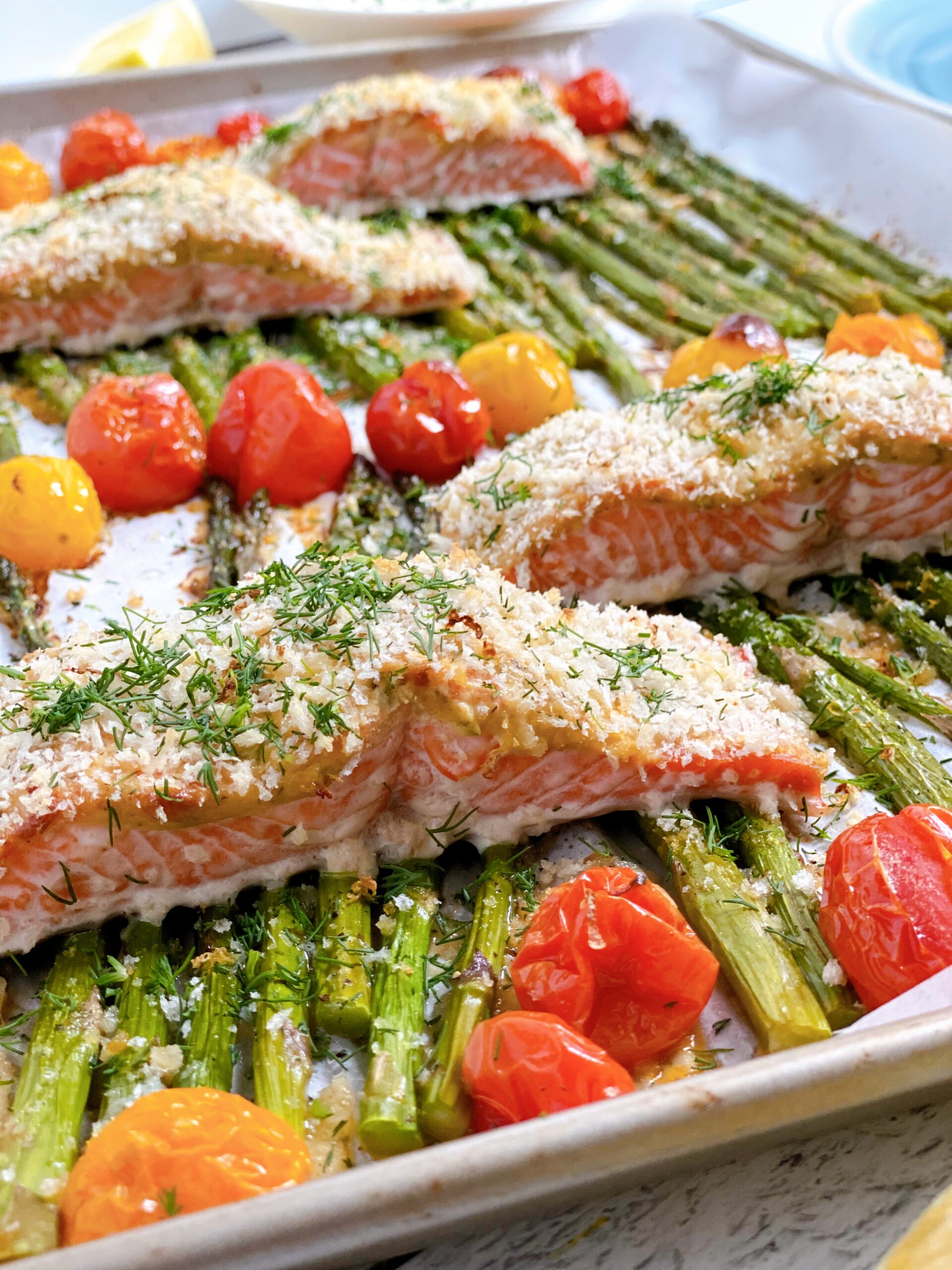 Crispy Sheet Pan Salmon with Asparagus and Cherry Tomatoes
