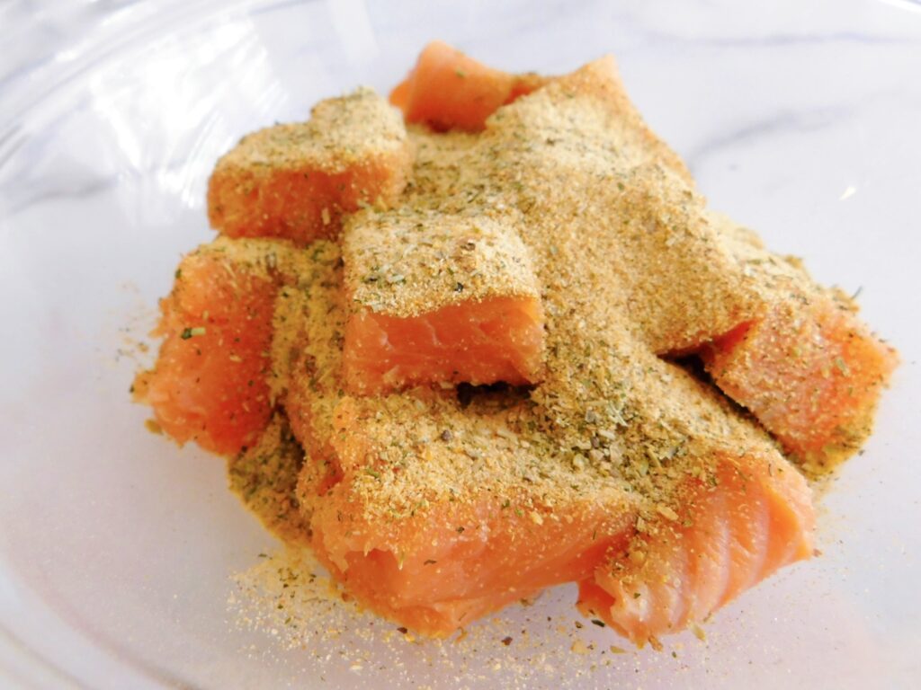 Cubed salmon coated with McCormick Salt Free Garlic and Herb seasoning.