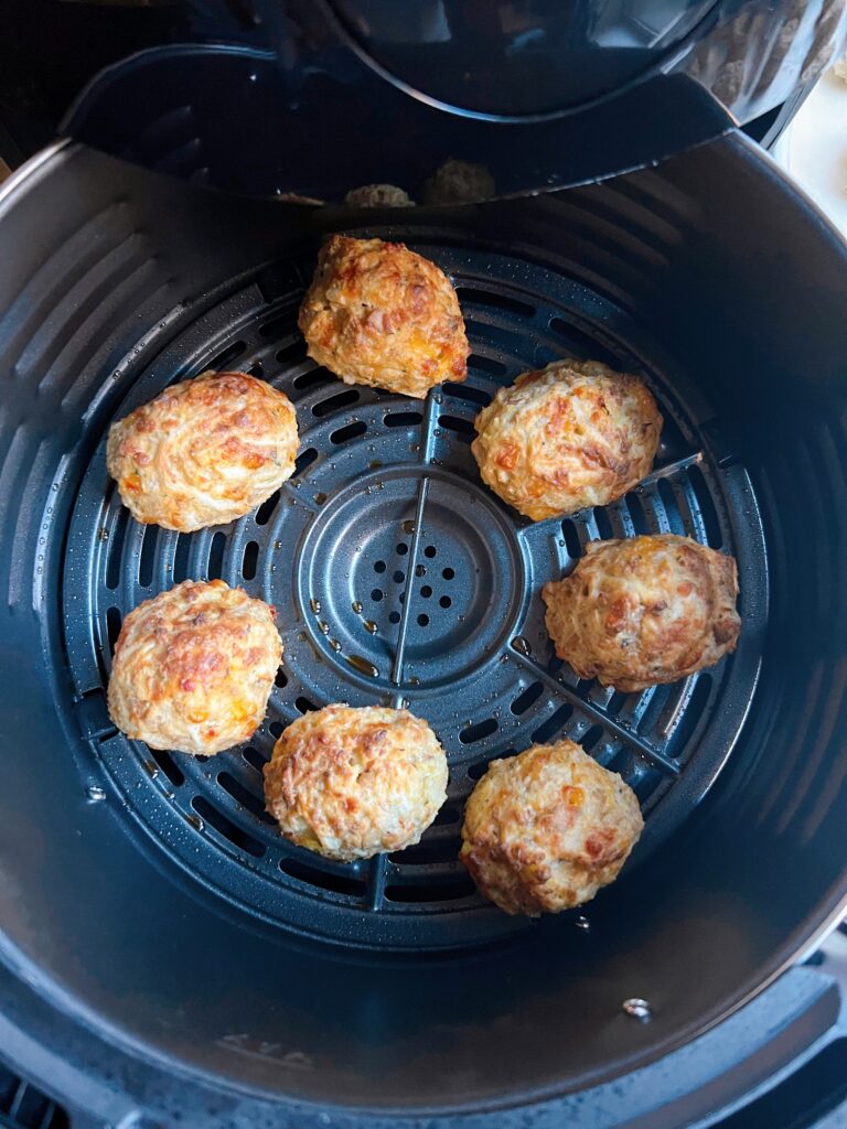 cooked chicken sausage hash balls in an air fryer