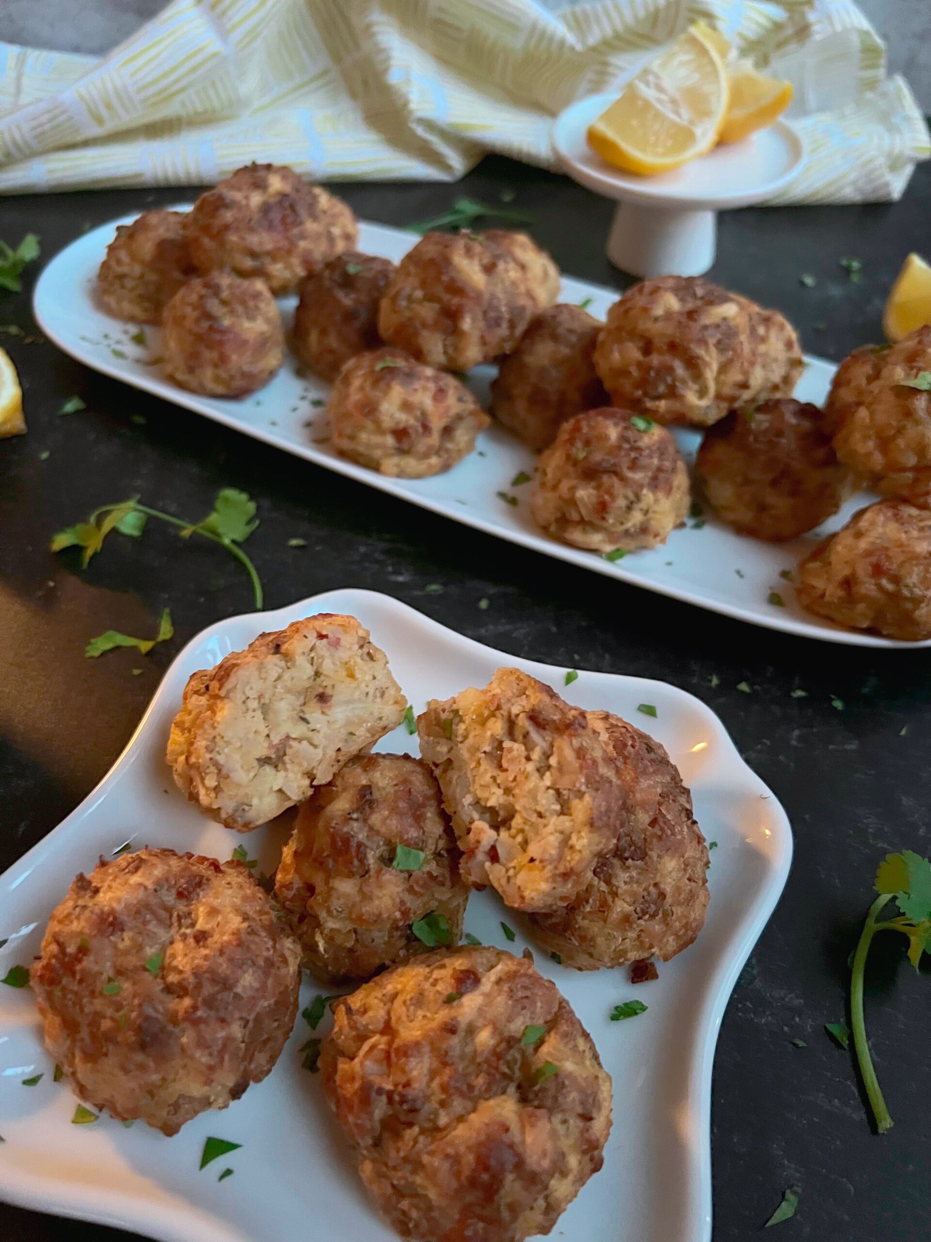 Plated chicken sausage hash balls 